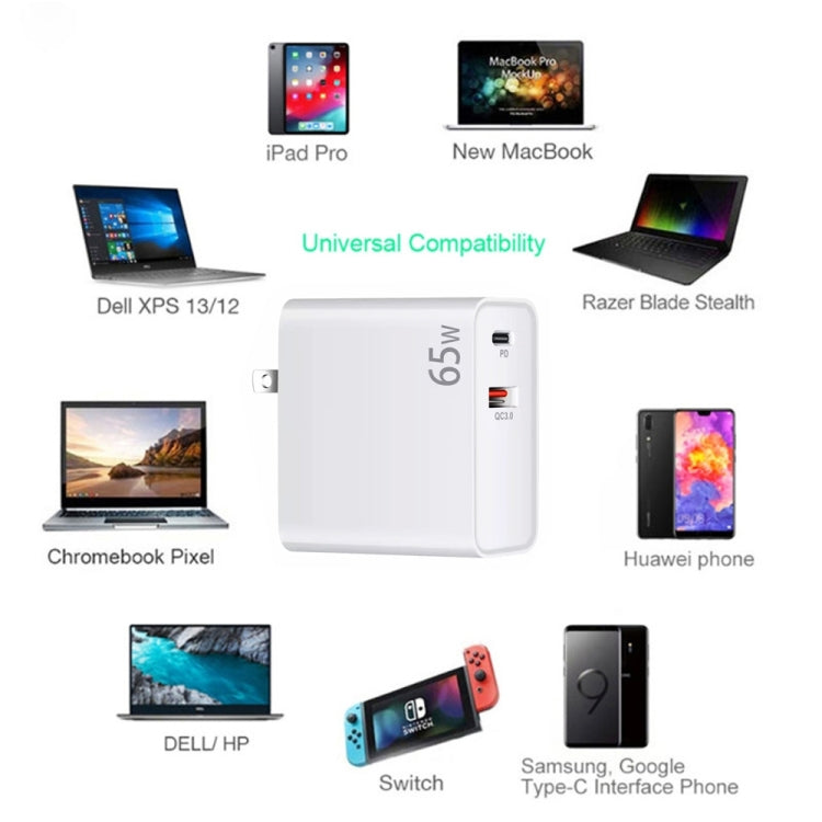 PD-65W USB-C / Type-C + QC3. 0 USB Laptop Charging Adapter + 1.8m USB-C / Type-C to MagSafe 1 / L Head Data Cable, EU Plug / US Plug(Black) - Cable & Adapter by PMC Jewellery | Online Shopping South Africa | PMC Jewellery | Buy Now Pay Later Mobicred