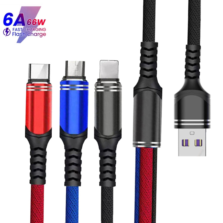 XJ-78 66W 6A 3 in 1 USB to 8 Pin + Type-C + Micro USB Super Flash Charging Cable, Length: 1.2m(Blue) - Multifunction Cable by PMC Jewellery | Online Shopping South Africa | PMC Jewellery | Buy Now Pay Later Mobicred