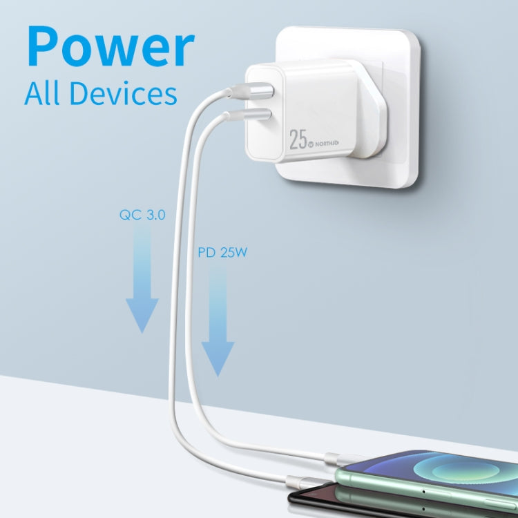 NORTHJO NOPD2502 PD 25W USB-C/Type-C + QC 3.0 USB Dual Ports Fast Charger, Plug Type:UK Plug(White) - USB Charger by NORTHJO | Online Shopping South Africa | PMC Jewellery | Buy Now Pay Later Mobicred