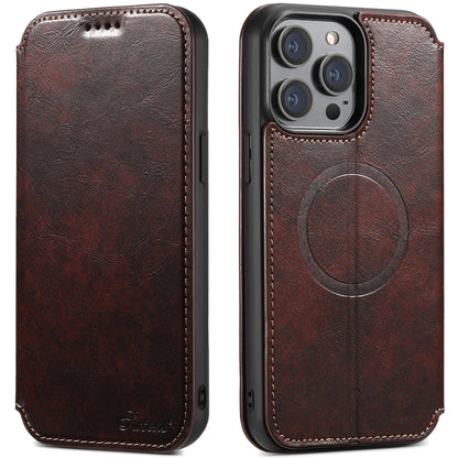 For iPhone 14 Suteni J05 Leather Magnetic Magsafe Phone Case(Brown) - iPhone 14 Cases by Suteni | Online Shopping South Africa | PMC Jewellery | Buy Now Pay Later Mobicred