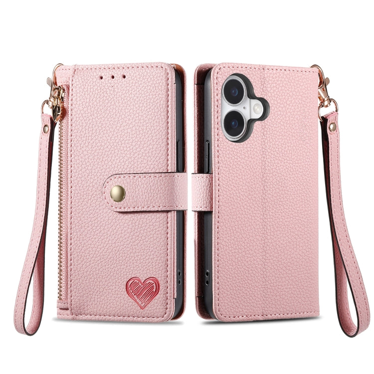 For iPhone 16 Love Zipper Lanyard Leather Phone Case(Pink) - iPhone 16 Cases by PMC Jewellery | Online Shopping South Africa | PMC Jewellery | Buy Now Pay Later Mobicred