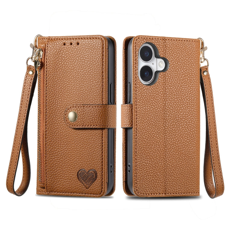 For iPhone 16 Plus Love Zipper Lanyard Leather Phone Case(Brown) - iPhone 16 Plus Cases by PMC Jewellery | Online Shopping South Africa | PMC Jewellery | Buy Now Pay Later Mobicred