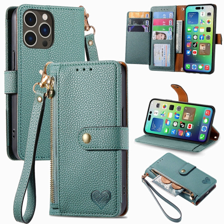 For iPhone 16 Pro Love Zipper Lanyard Leather Phone Case(Green) - iPhone 16 Pro Cases by PMC Jewellery | Online Shopping South Africa | PMC Jewellery | Buy Now Pay Later Mobicred