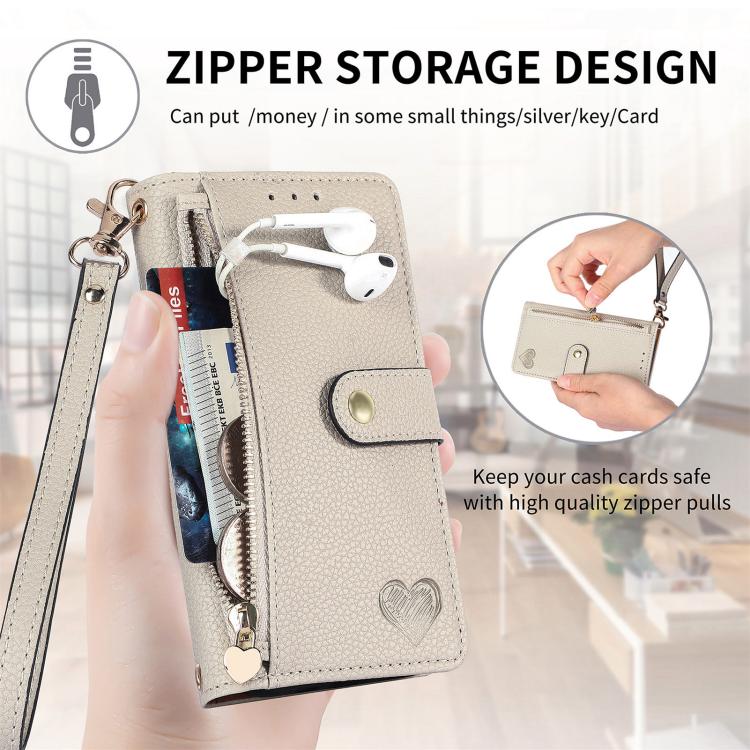 For iPhone 16e Love Zipper Lanyard Leather Phone Case(Gray) - iPhone 16e Cases by PMC TechLife | Online Shopping South Africa | PMC TechLife | Buy Now Pay Later Mobicred