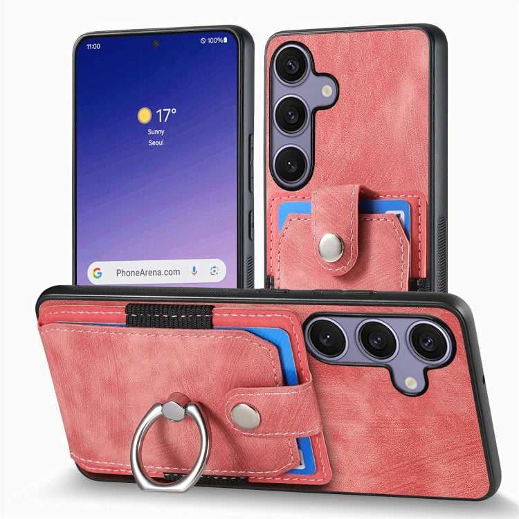 For Samsung Galaxy S25 5G Retro Skin-feel Ring Card Wallet Phone Case(Pink) - Galaxy S25 5G Cases by PMC Jewellery | Online Shopping South Africa | PMC Jewellery | Buy Now Pay Later Mobicred