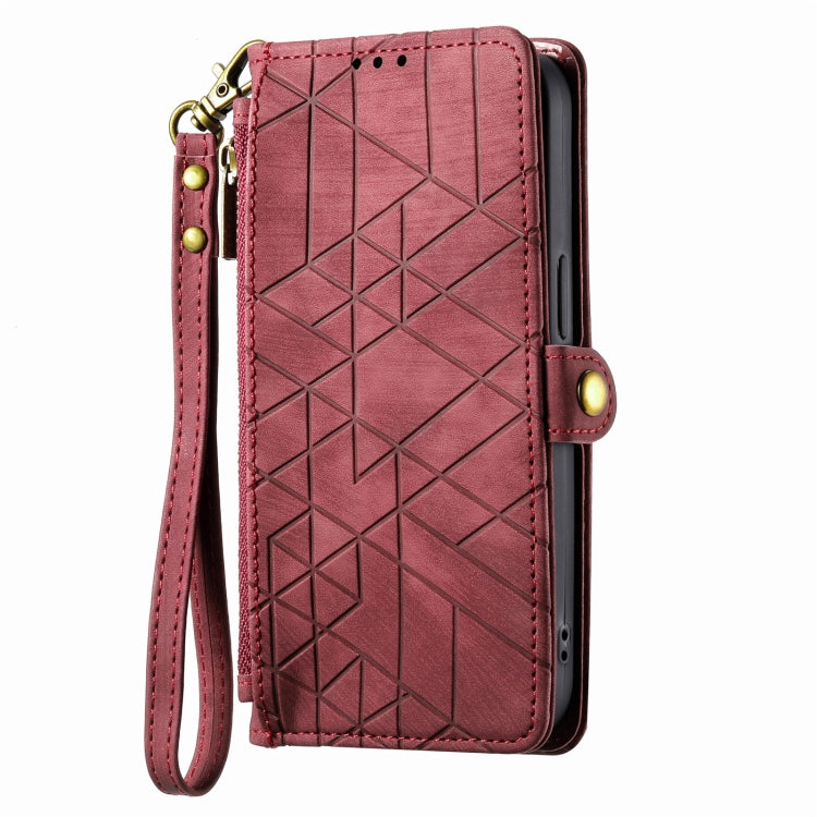 For iPhone X / XS Geometric Zipper Wallet Side Buckle Leather Phone Case(Red) - free shipping - PMC TechLife - Order now!