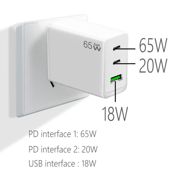 GaN PD65W Type-C x 2 + USB3.0 Charger with Type-C to Type-C Data Cable ,EU Plug(Black) - USB Charger by PMC Jewellery | Online Shopping South Africa | PMC Jewellery | Buy Now Pay Later Mobicred