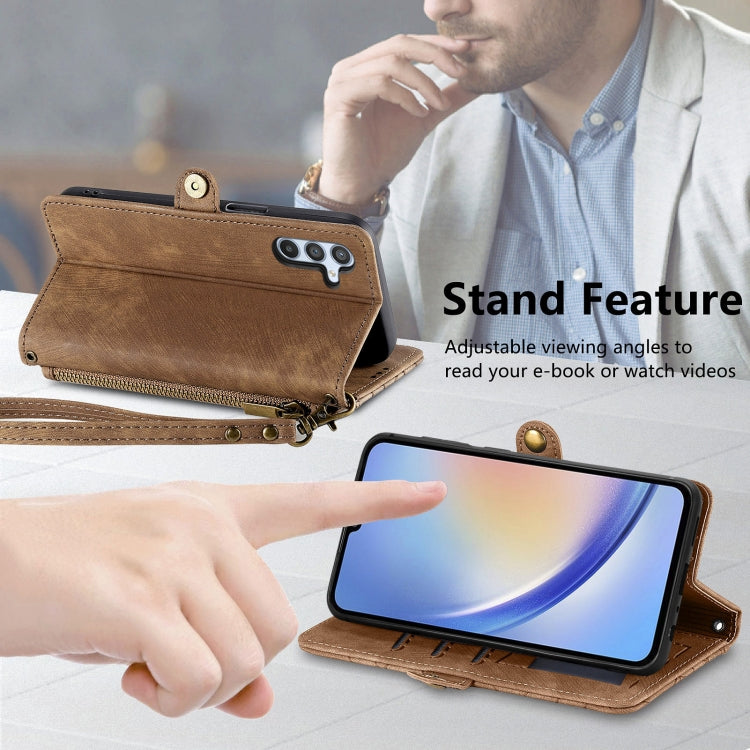 For Samsung Galaxy A22 4G Geometric Zipper Wallet Side Buckle Leather Phone Case(Brown) - free shipping - PMC TechLife - Order now!