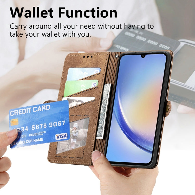 For Samsung Galaxy A22 5G Geometric Zipper Wallet Side Buckle Leather Phone Case(Brown) - free shipping - PMC TechLife - Order now!