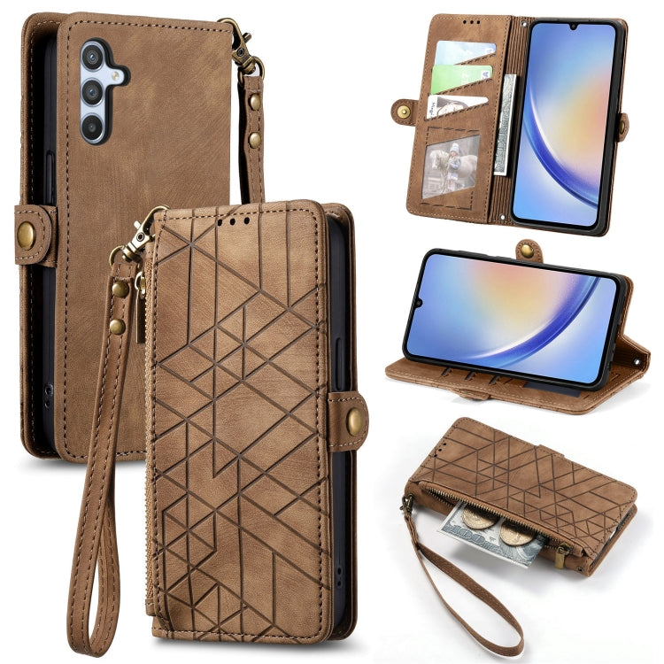 For Samsung Galaxy A13 5G Geometric Zipper Wallet Side Buckle Leather Phone Case(Brown) - free shipping - PMC TechLife - Order now!