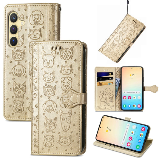 For Samsung Galaxy S25 Ultra 5G Cat and Dog Embossed Leather Phone Case(Gold) - Galaxy S25 Ultra 5G Cases by PMC Jewellery | Online Shopping South Africa | PMC Jewellery | Buy Now Pay Later Mobicred