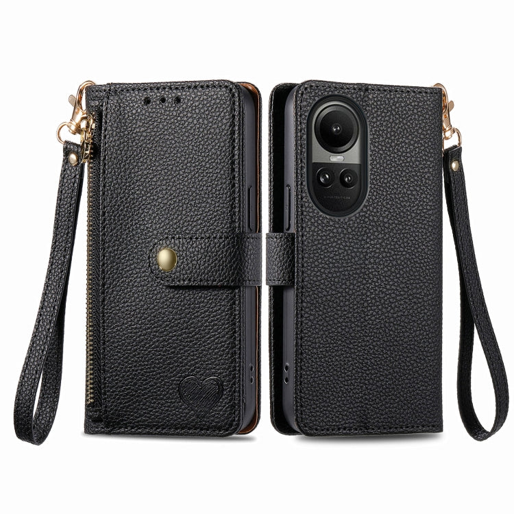 For OPPO Reno10 / 10 Pro Global Love Zipper Lanyard Leather Phone Case(Black) - OPPO Cases by PMC Jewellery | Online Shopping South Africa | PMC Jewellery