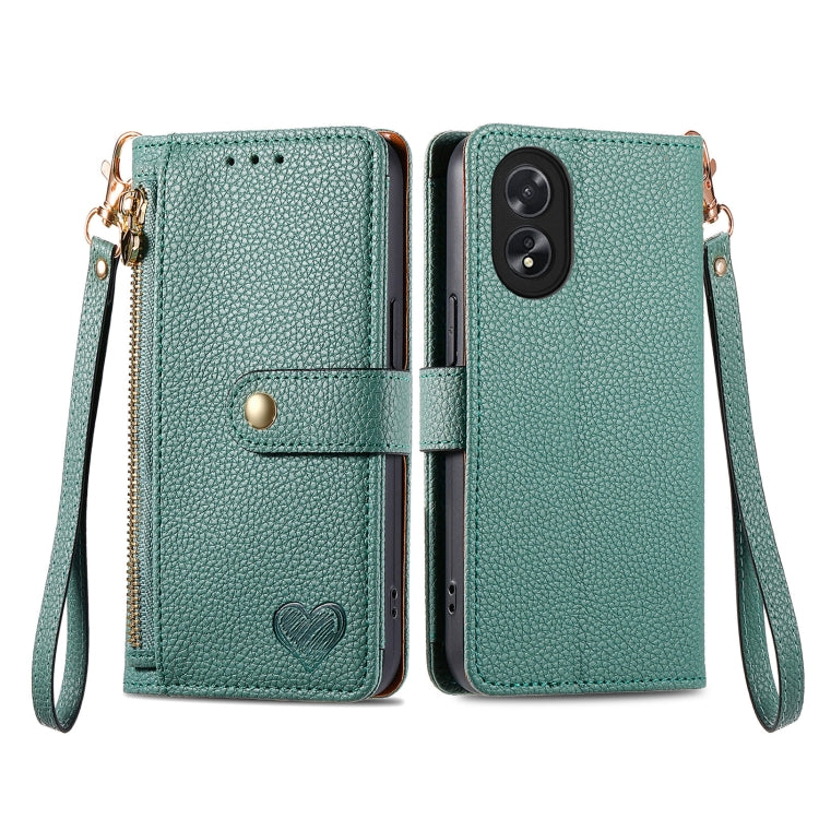 For OPPO A38 Love Zipper Lanyard Leather Phone Case(Green) - A38 Cases by PMC Jewellery | Online Shopping South Africa | PMC Jewellery | Buy Now Pay Later Mobicred