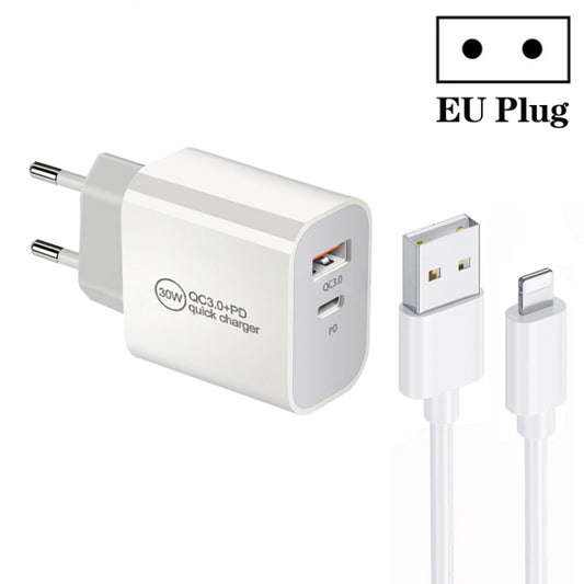 PD30W USB-C / Type-C + QC3.0 USB Dual Port Charger with 1m USB to 8 Pin Data Cable, EU Plug - USB Charger by PMC Jewellery | Online Shopping South Africa | PMC Jewellery | Buy Now Pay Later Mobicred