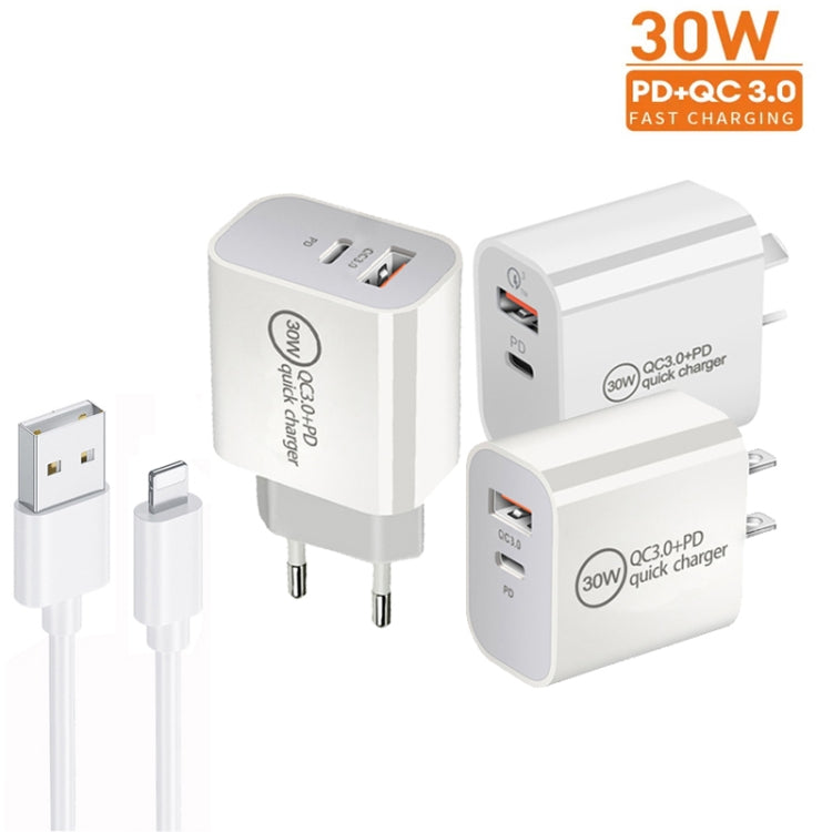 PD30W USB-C / Type-C + QC3.0 USB Dual Port Charger with 1m USB to 8 Pin Data Cable, AU Plug - USB Charger by PMC Jewellery | Online Shopping South Africa | PMC Jewellery | Buy Now Pay Later Mobicred