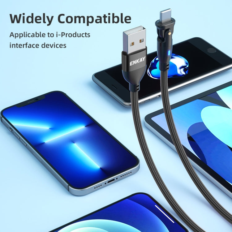 ENKAY 180 Degrees Rotating USB to 8 Pin Charging Data Cable with LED Light, Length:2m(Black) - Normal Style Cable by ENKAY | Online Shopping South Africa | PMC Jewellery | Buy Now Pay Later Mobicred