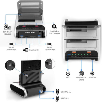 Wavlink ST336A SSD HDD Fast Offline Clone SATA  USB 3.0 External Hard Drive Case(UK Plug) - HDD Enclosure by WAVLINK | Online Shopping South Africa | PMC Jewellery | Buy Now Pay Later Mobicred