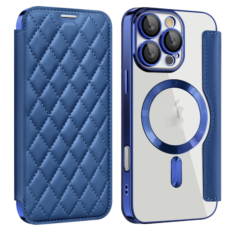 For iPhone 16 Pro Max Shield Magsafe RFID Anti-theft Rhombus Leather Phone Case(Dark Blue) - iPhone 16 Pro Max Cases by PMC Jewellery | Online Shopping South Africa | PMC Jewellery | Buy Now Pay Later Mobicred