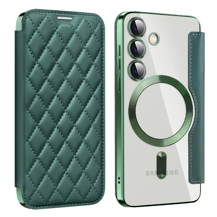 For Samsung Galaxy S25 5G Shield MagSafe RFID Anti-theft Rhombus Leather Phone Case(Green) - Galaxy S25 5G Cases by PMC Jewellery | Online Shopping South Africa | PMC Jewellery | Buy Now Pay Later Mobicred