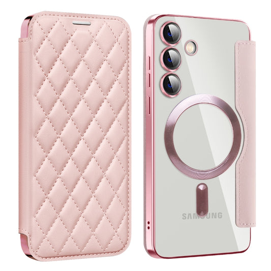 For Samsung Galaxy S25+ 5G Shield MagSafe RFID Anti-theft Rhombus Leather Phone Case(Pink) - Galaxy S25+ 5G Cases by PMC Jewellery | Online Shopping South Africa | PMC Jewellery | Buy Now Pay Later Mobicred