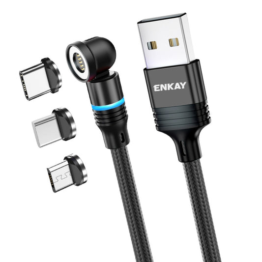 ENKAY 3 in 1 3A USB to Type-C / 8 Pin / Micro USB Magnetic 540 Degrees Rotating Fast Charging Cable, Length:2m(Black) - Charging Cable & Head by ENKAY | Online Shopping South Africa | PMC Jewellery | Buy Now Pay Later Mobicred