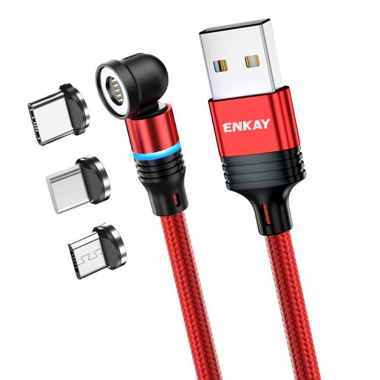 ENKAY 3 in 1 3A USB to Type-C / 8 Pin / Micro USB Magnetic 540 Degrees Rotating Fast Charging Cable, Length:2m(Red) - Charging Cable & Head by ENKAY | Online Shopping South Africa | PMC Jewellery | Buy Now Pay Later Mobicred