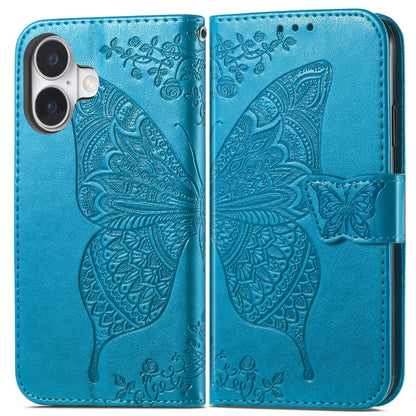 For iPhone 16 Butterfly Love Flower Embossed Leather Phone Case(Blue) - iPhone 16 Cases by PMC Jewellery | Online Shopping South Africa | PMC Jewellery | Buy Now Pay Later Mobicred