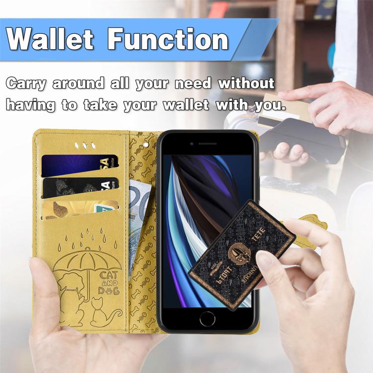 For iPhone 16e Cat and Dog Embossed Leather Phone Case(Yellow) - free shipping - PMC TechLife - Order now!