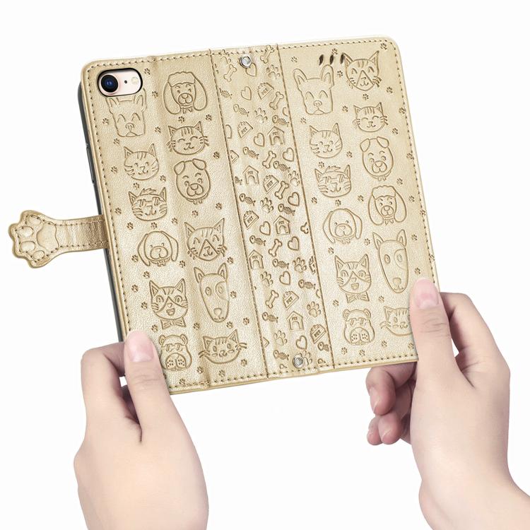 For iPhone 16e Cat and Dog Embossed Leather Phone Case(Gold) - iPhone 16e Cases by PMC TechLife | Online Shopping South Africa | PMC TechLife | Buy Now Pay Later Mobicred