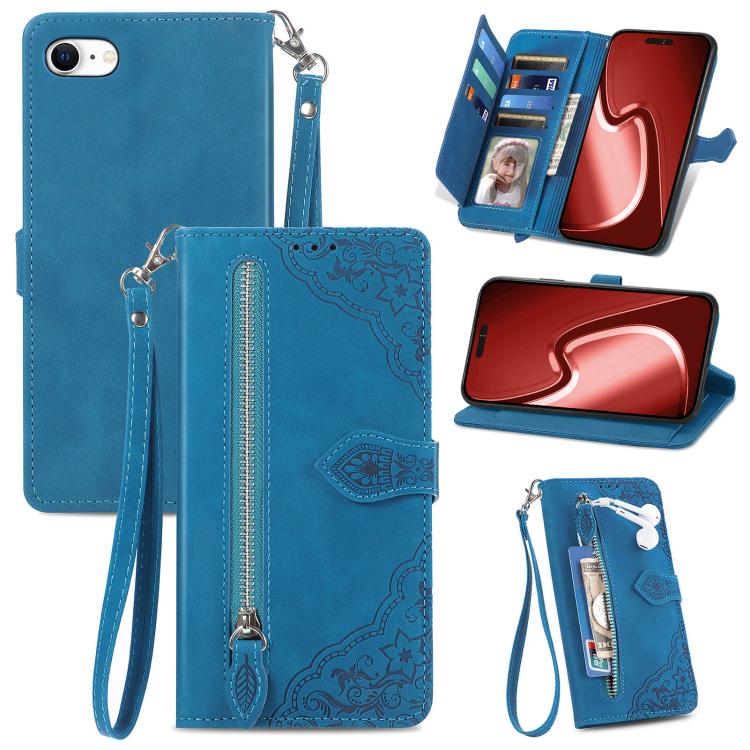 For iPhone 16e Embossed Flower Zipper Leather Phone Case(Blue) - iPhone 16e Cases by PMC TechLife | Online Shopping South Africa | PMC TechLife | Buy Now Pay Later Mobicred