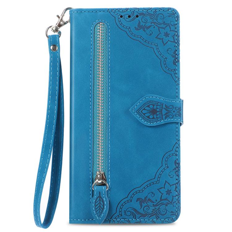 For iPhone 16e Embossed Flower Zipper Leather Phone Case(Blue) - iPhone 16e Cases by PMC TechLife | Online Shopping South Africa | PMC TechLife | Buy Now Pay Later Mobicred