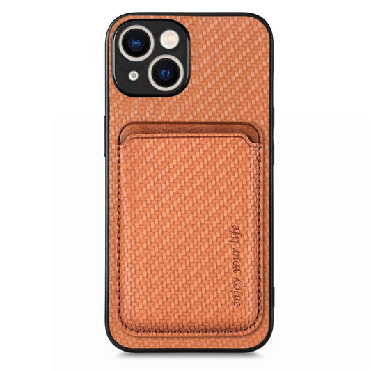 For iPhone 15 Plus Carbon Fiber Leather Card Magsafe Phone Case(Brown) - iPhone 15 Plus Cases by PMC Jewellery | Online Shopping South Africa | PMC Jewellery