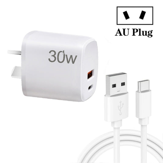 PD30W USB-C / Type-C + QC3.0 USB Charger with 1m USB to Type-C Data Cable, AU Plug(White) - USB Charger by PMC Jewellery | Online Shopping South Africa | PMC Jewellery | Buy Now Pay Later Mobicred