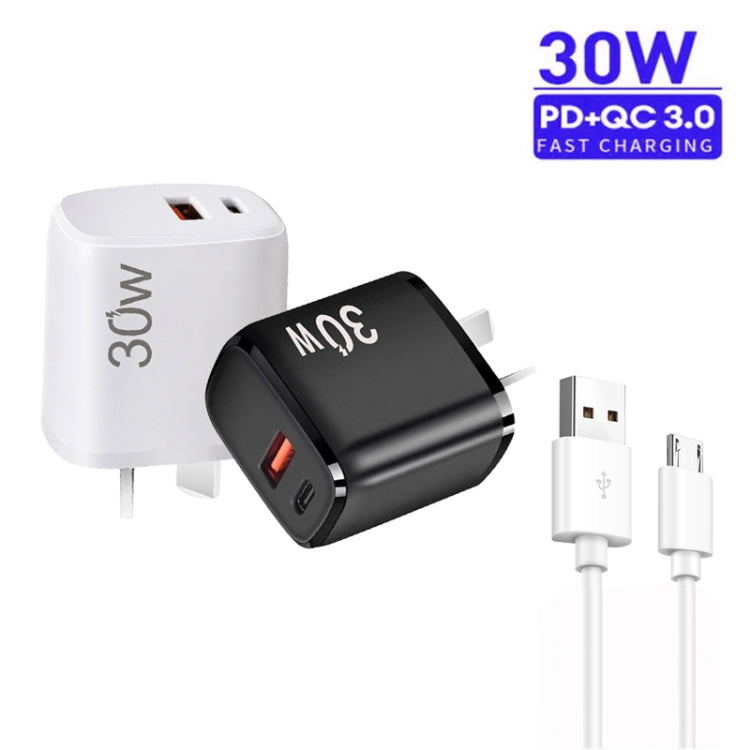 PD30W USB-C / Type-C + QC3.0 USB Charger with 1m USB to Micro USB Data Cable, AU Plug(White) - free shipping - PMC TechLife - Order now!