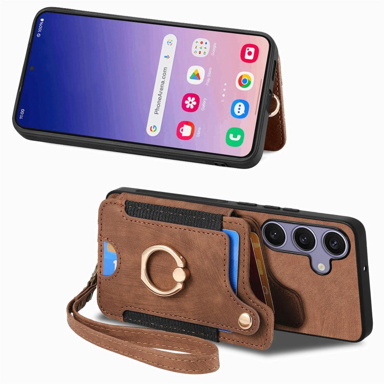 For Samsung Galaxy S25+ 5G Retro Skin-feel Ring Multi-card Wallet Phone Case(Brown) - Galaxy S25+ 5G Cases by PMC Jewellery | Online Shopping South Africa | PMC Jewellery | Buy Now Pay Later Mobicred