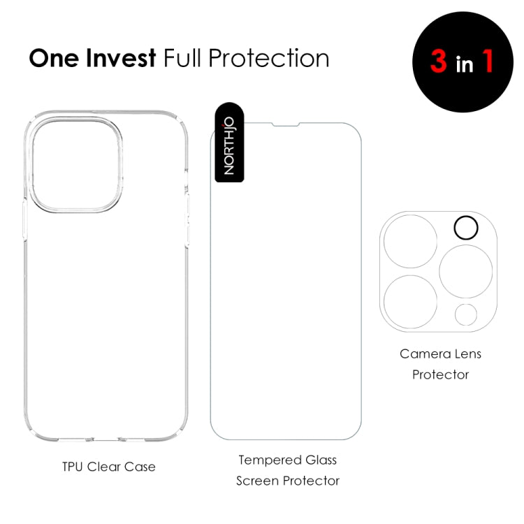 For iPhone 15 Pro NORTHJO 3 in 1 TPU Phone Case with Screen Film and Lens Film(Clear) - iPhone 15 Pro Cases by NORTHJO | Online Shopping South Africa | PMC Jewellery