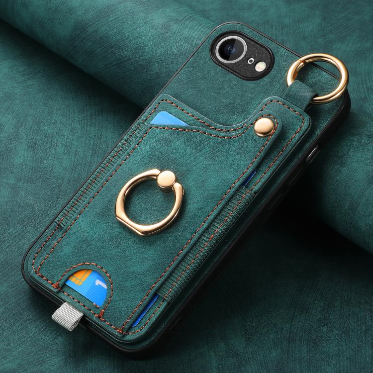 For iPhone 16e Retro Skin-feel Ring Card Bag Phone Case with Hang Loop(Green) - iPhone 16e Cases by PMC TechLife | Online Shopping South Africa | PMC TechLife | Buy Now Pay Later Mobicred