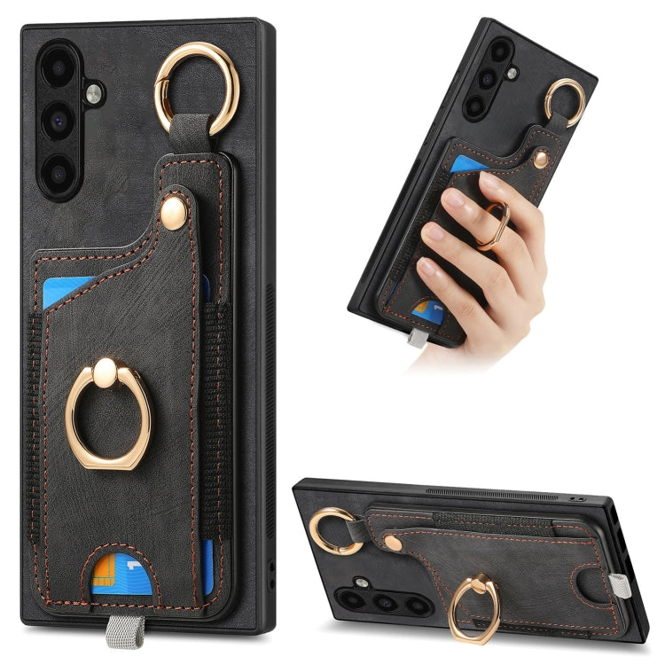 For Samsung Galaxy A25 Retro Skin-feel Ring Card Bag Phone Case with Hang Loop(Black) - Galaxy Phone Cases by PMC Jewellery | Online Shopping South Africa | PMC Jewellery