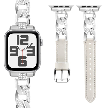 For Apple Watch Series 5 40mm Rhinestone Denim Chain Leather Watch Band(Beige) - Watch Bands by PMC Jewellery | Online Shopping South Africa | PMC Jewellery