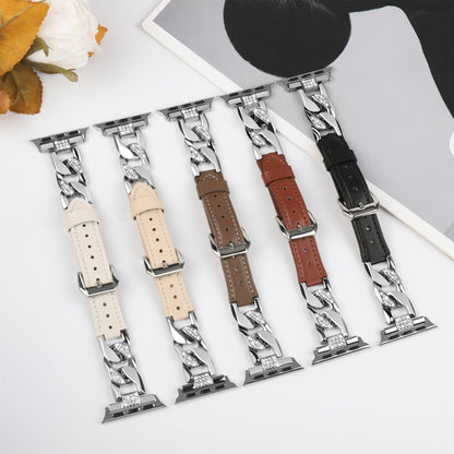 For  Apple Watch Series 8 41mm Rhinestone Denim Chain Leather Watch Band(Brown) - Watch Bands by PMC Jewellery | Online Shopping South Africa | PMC Jewellery