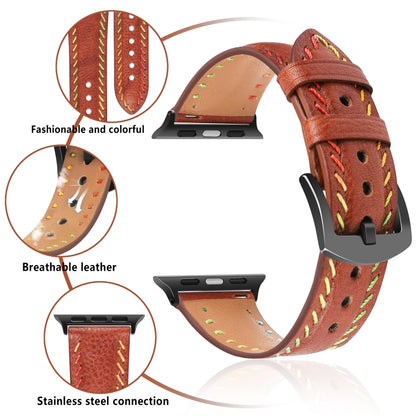 For Apple Watch Series 8 41mm Colorful Sewing Thread Leather Watch Band(Brown) - Watch Bands by PMC Jewellery | Online Shopping South Africa | PMC Jewellery