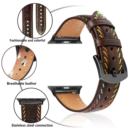 For Apple Watch Series 8 45mm Colorful Sewing Thread Leather Watch Band(Dark Brown) - Watch Bands by PMC Jewellery | Online Shopping South Africa | PMC Jewellery