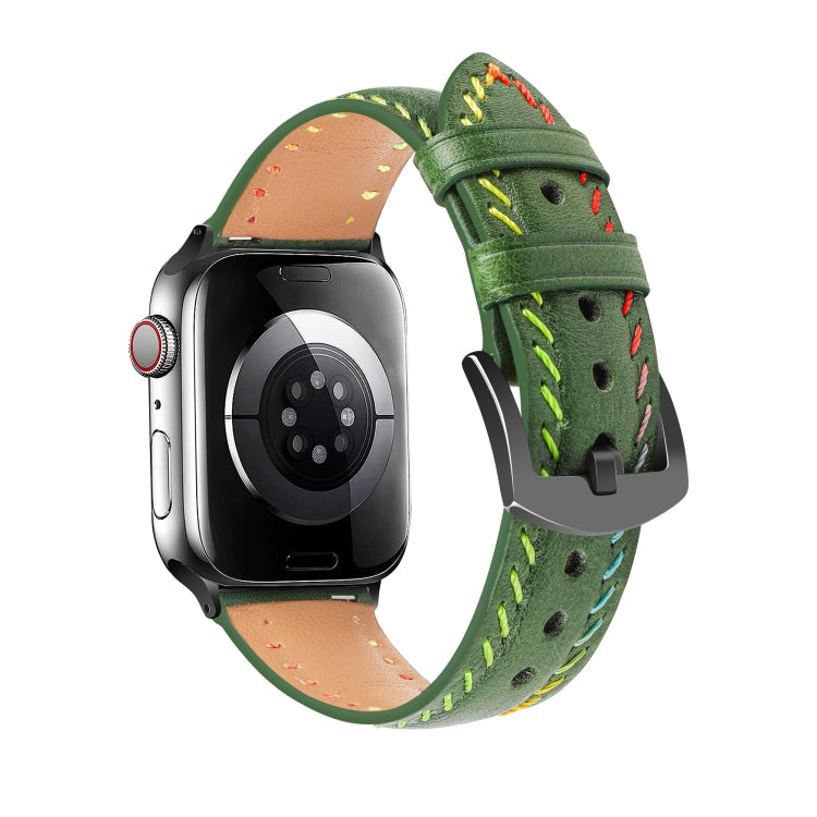 For Apple Watch Series 8 45mm Colorful Sewing Thread Leather Watch Band(Green) - Watch Bands by PMC Jewellery | Online Shopping South Africa | PMC Jewellery