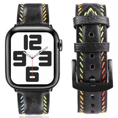 For Apple Watch Series 6 44mm Colorful Sewing Thread Leather Watch Band(Black) - Watch Bands by PMC Jewellery | Online Shopping South Africa | PMC Jewellery