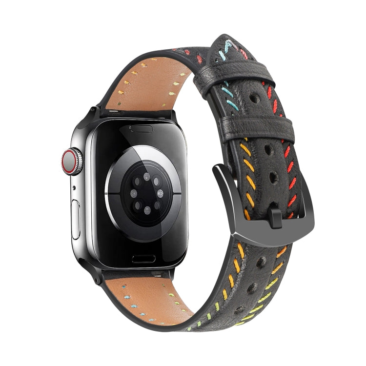 For  Apple Watch Series 5 44mm Colorful Sewing Thread Leather Watch Band(Black) - Watch Bands by PMC Jewellery | Online Shopping South Africa | PMC Jewellery