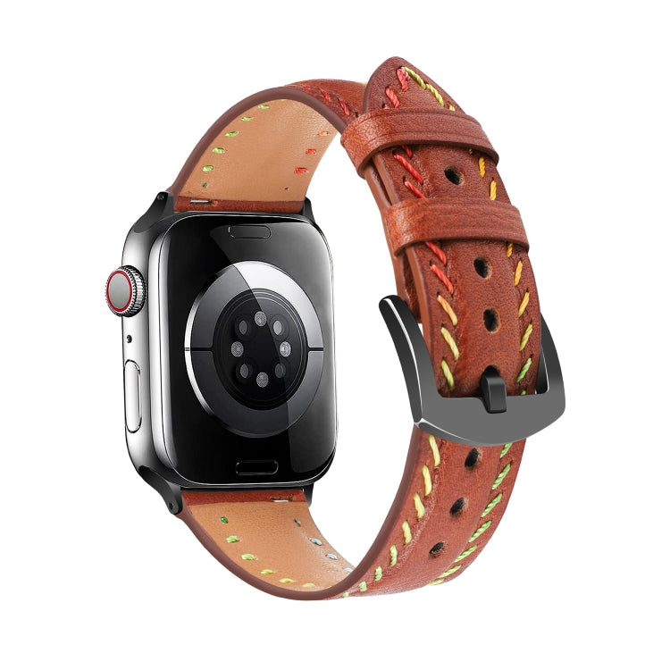 For Apple Watch Series 3 38mm Colorful Sewing Thread Leather Watch Band(Brown) - Watch Bands by PMC Jewellery | Online Shopping South Africa | PMC Jewellery