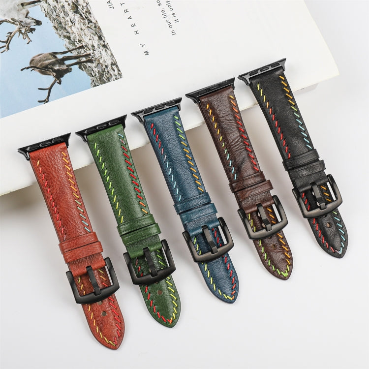 For Apple Watch Series 6 44mm Colorful Sewing Thread Leather Watch Band(Dark Brown) - Watch Bands by PMC Jewellery | Online Shopping South Africa | PMC Jewellery