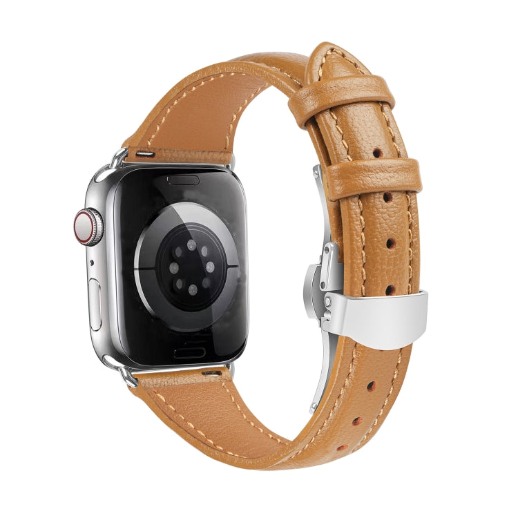 For Apple Watch Series 8 45mm Plain Leather Butterfly Buckle Watch Band(Brown+Silver) - free shipping - PMC TechLife - Order now!