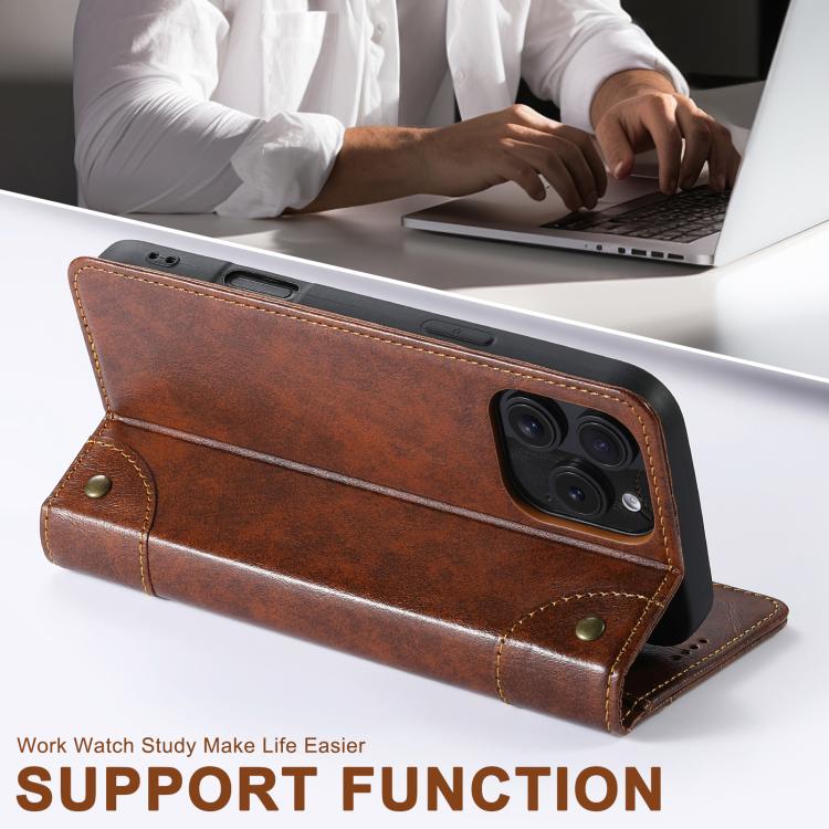 For iPhone 16e Suteni Baroque Calf Texture Buckle Wallet Leather Phone Case(Khaki) - free shipping - PMC TechLife - Order now!