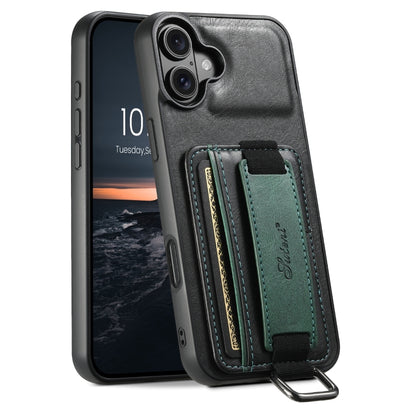 For iPhone 16 Suteni H13 Card Wallet Wrist Strap Holder PU Phone Case(Black) - iPhone 16 Cases by Suteni | Online Shopping South Africa | PMC Jewellery | Buy Now Pay Later Mobicred